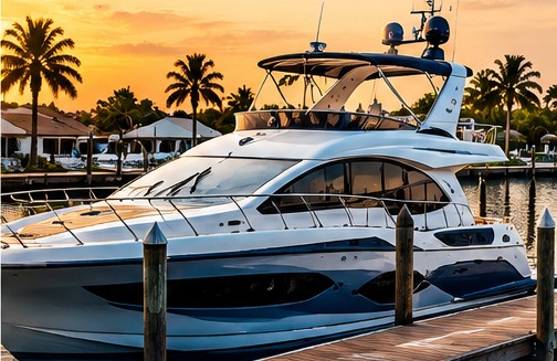 Motor yacht docked at a Florida marina at sunset