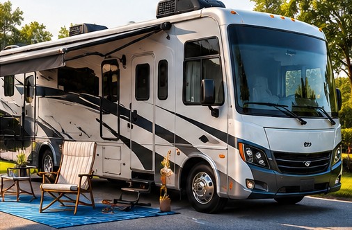 Class A motorhome with roof A/C units parked at a campsite