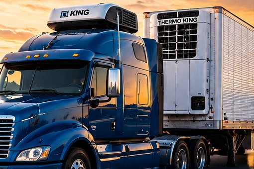 Semi truck with sleeper A/C unit and Thermo King reefer trailer at sunset